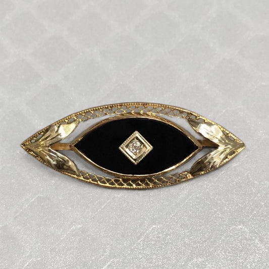 Preowned Yellow and White Gold Onyx and Diamond Brooch