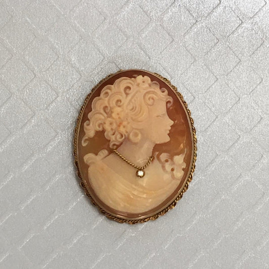 Preowned Yellow Gold Shell Cameo and Diamond Brooch