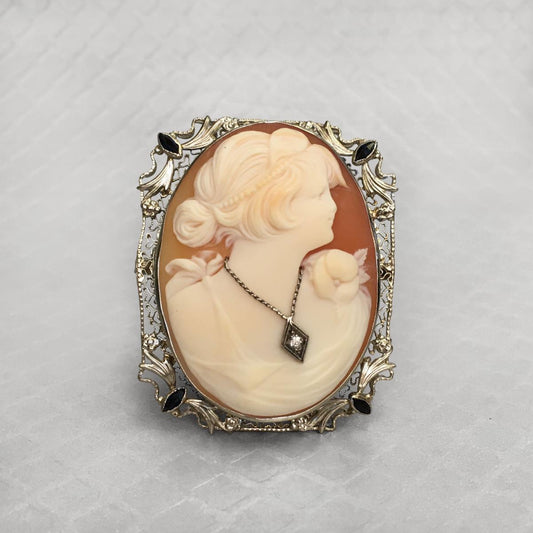 Preowned White Gold Diamond Shell Cameo Brooch