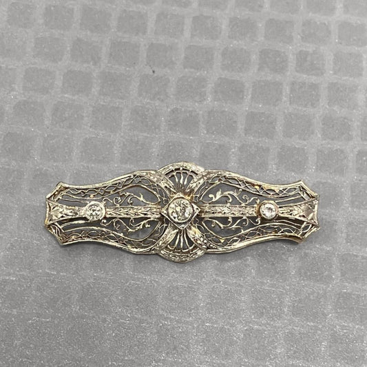 Preowned White and Yellow Gold Old European Cut Diamond Filigree Brooch