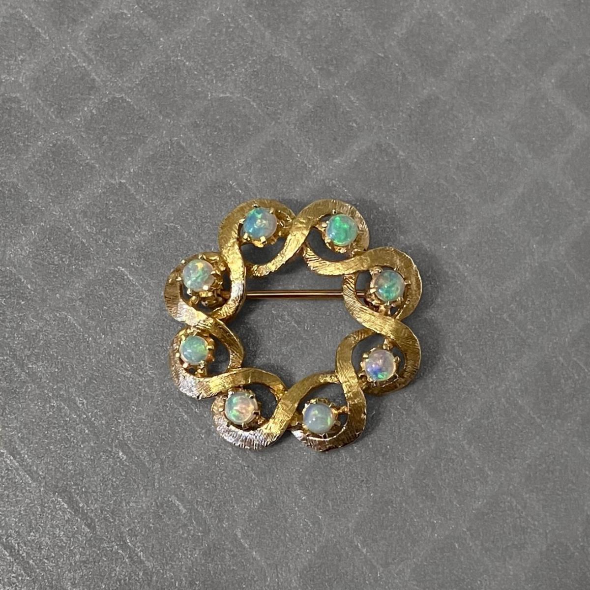 Preowned Yellow Gold and Opal Textured Circle Pin