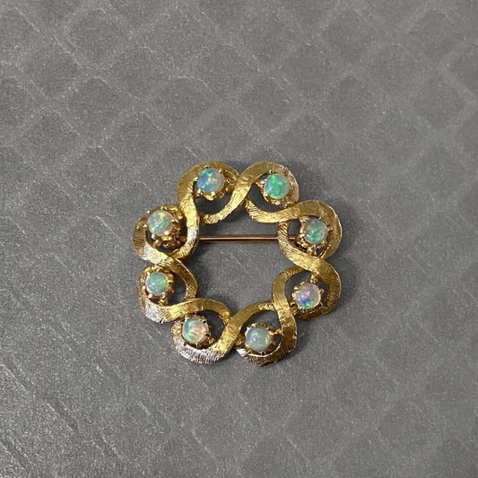 Preowned Yellow Gold and Opal Textured Circle Pin