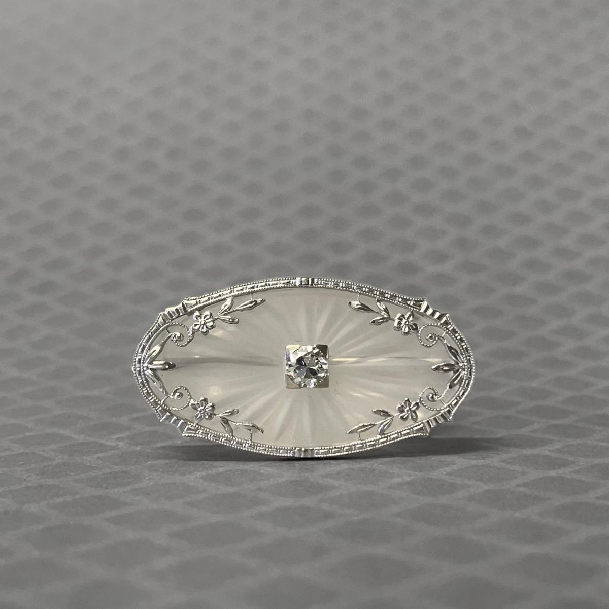Preowned White Gold and Diamond Handmade Camphor Glass Brooch