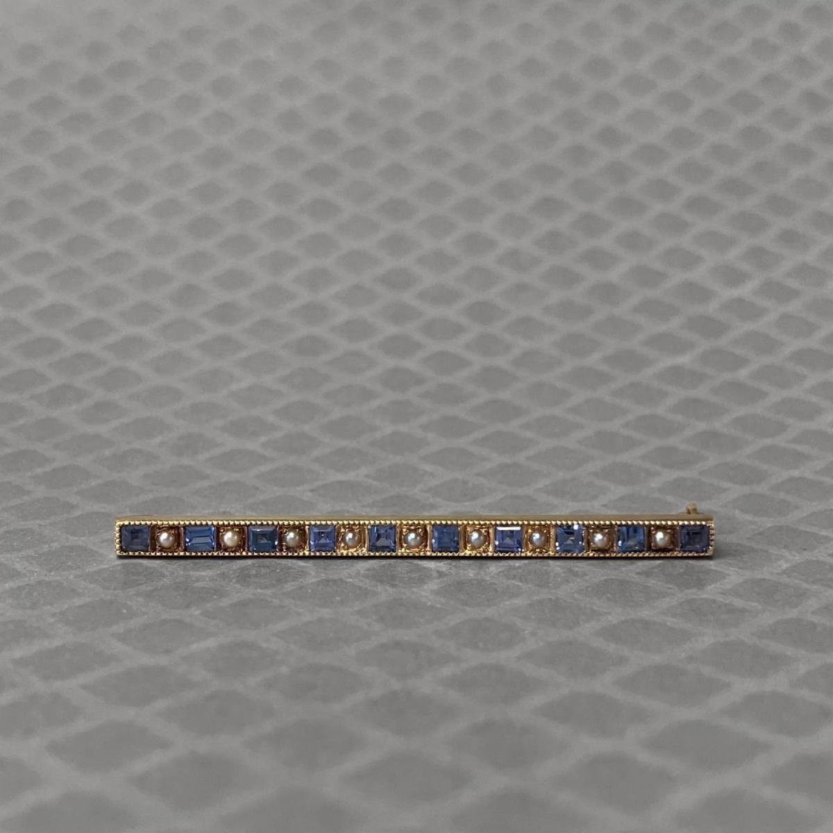 Preowned Yellow Gold Blue Sapphire and Seed Pearl Edwardian Bar Pin