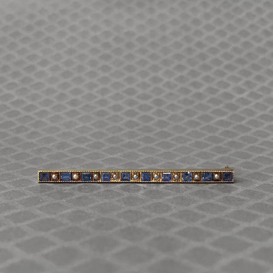 Preowned Yellow Gold Blue Sapphire and Seed Pearl Edwardian Bar Pin