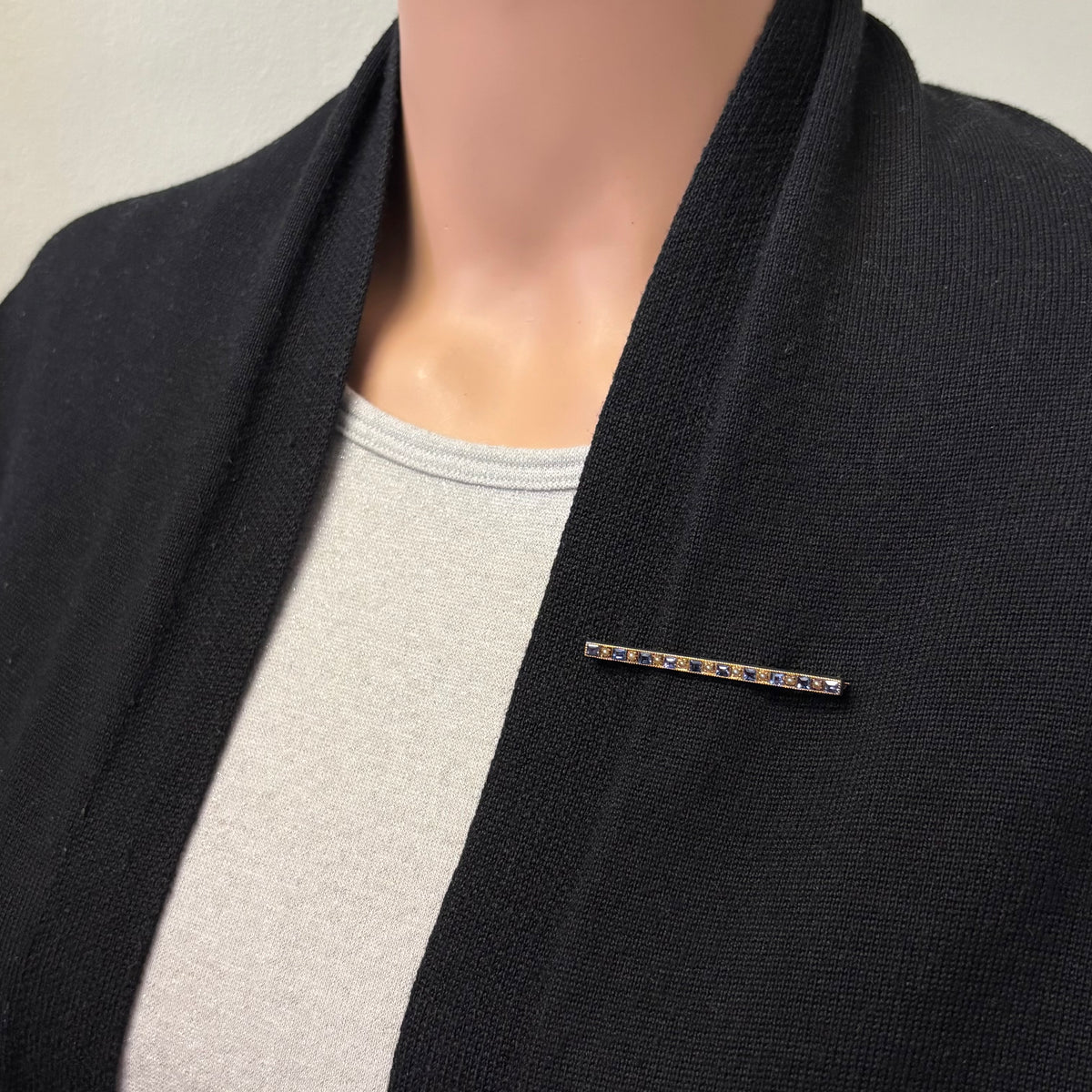 Preowned Yellow Gold Blue Sapphire and Seed Pearl Edwardian Bar Pin
