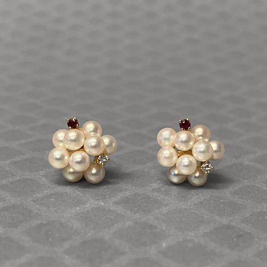 Preowned Yellow Gold Pearl, Ruby and Diamond Stud Earrings