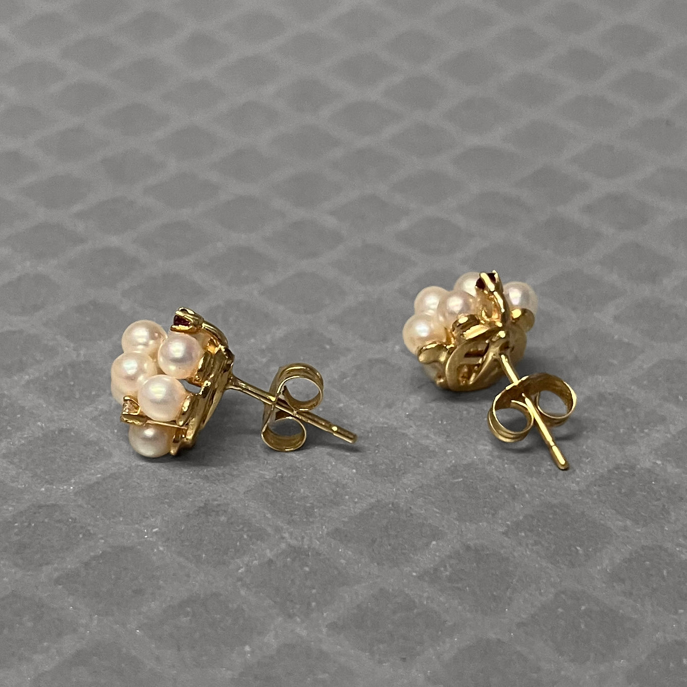Preowned Yellow Gold Pearl, Ruby and Diamond Stud Earrings