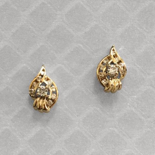 Preowned Yellow Gold and Diamond Swirl Stud Earrings