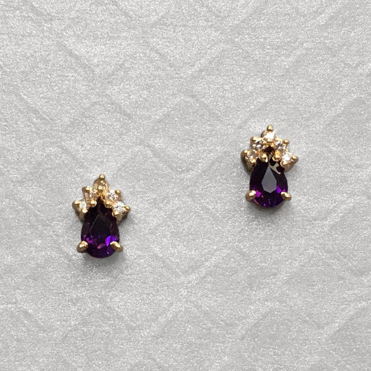 Preowned Yellow Gold Pear Shape Amethyst and Diamond Stud Earrings