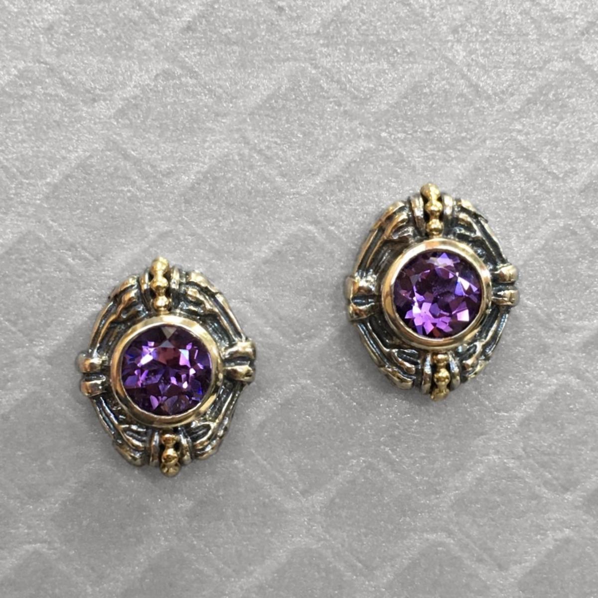 Preowned Yellow Gold and Sterling Silver Amethyst Lagos Caviar Stud Earrings