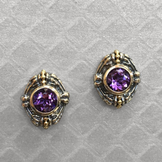 Preowned Yellow Gold and Sterling Silver Amethyst Lagos Caviar Stud Earrings