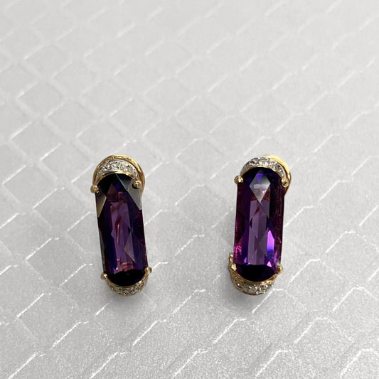 Preowned Yellow Gold Checkerboard Amethyst and Diamond Earrings