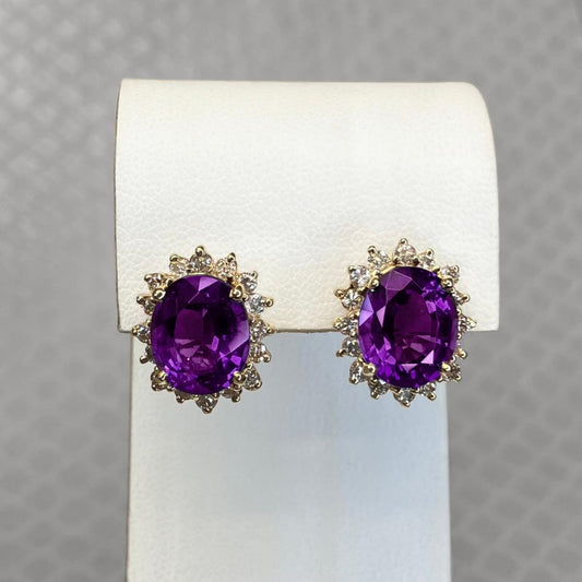 Preowned Yellow Gold Amethyst and Diamond Omega Earrings