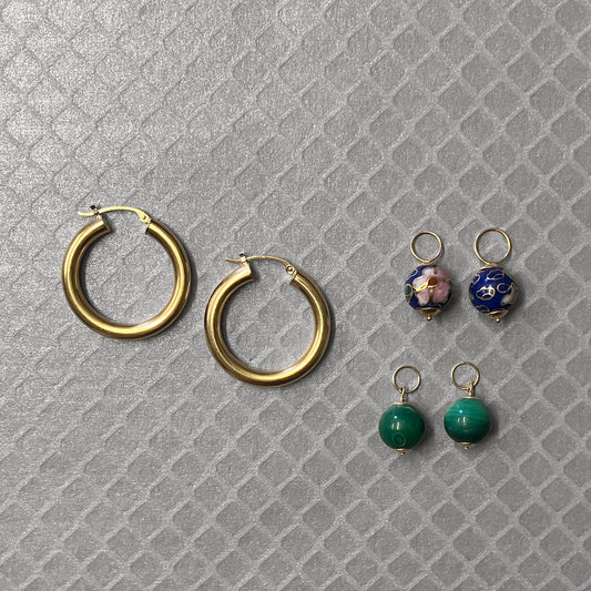 Preowned Yellow Gold Cloisonne and Malachite Interchangeable Bead Hoop Earrings