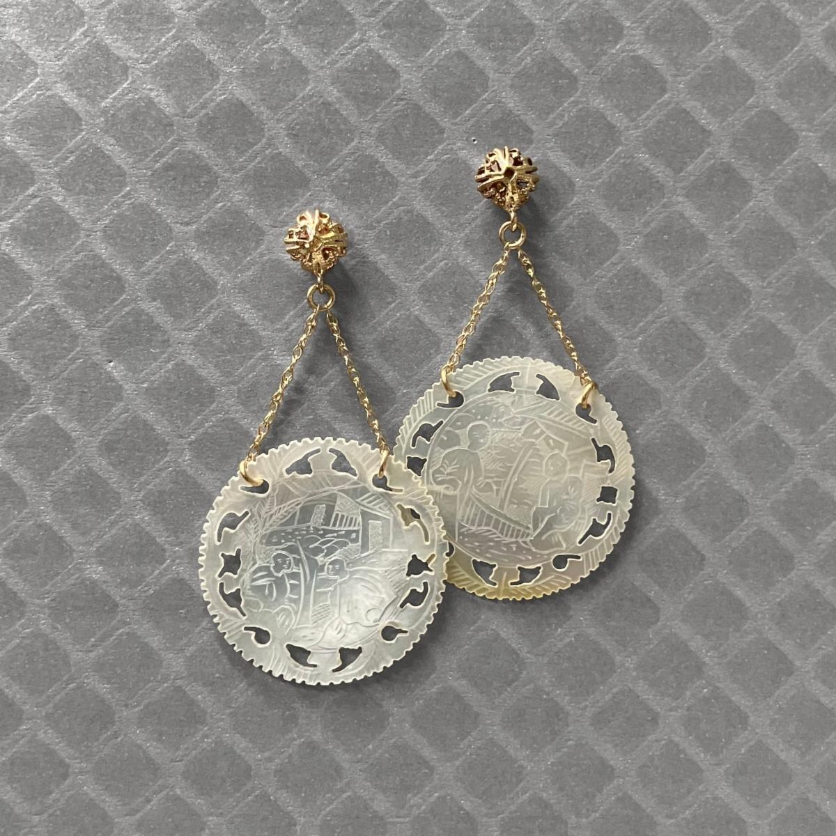 Preowned Yellow Gold and Mother of Pearl Carved Disc Dangle Earrings