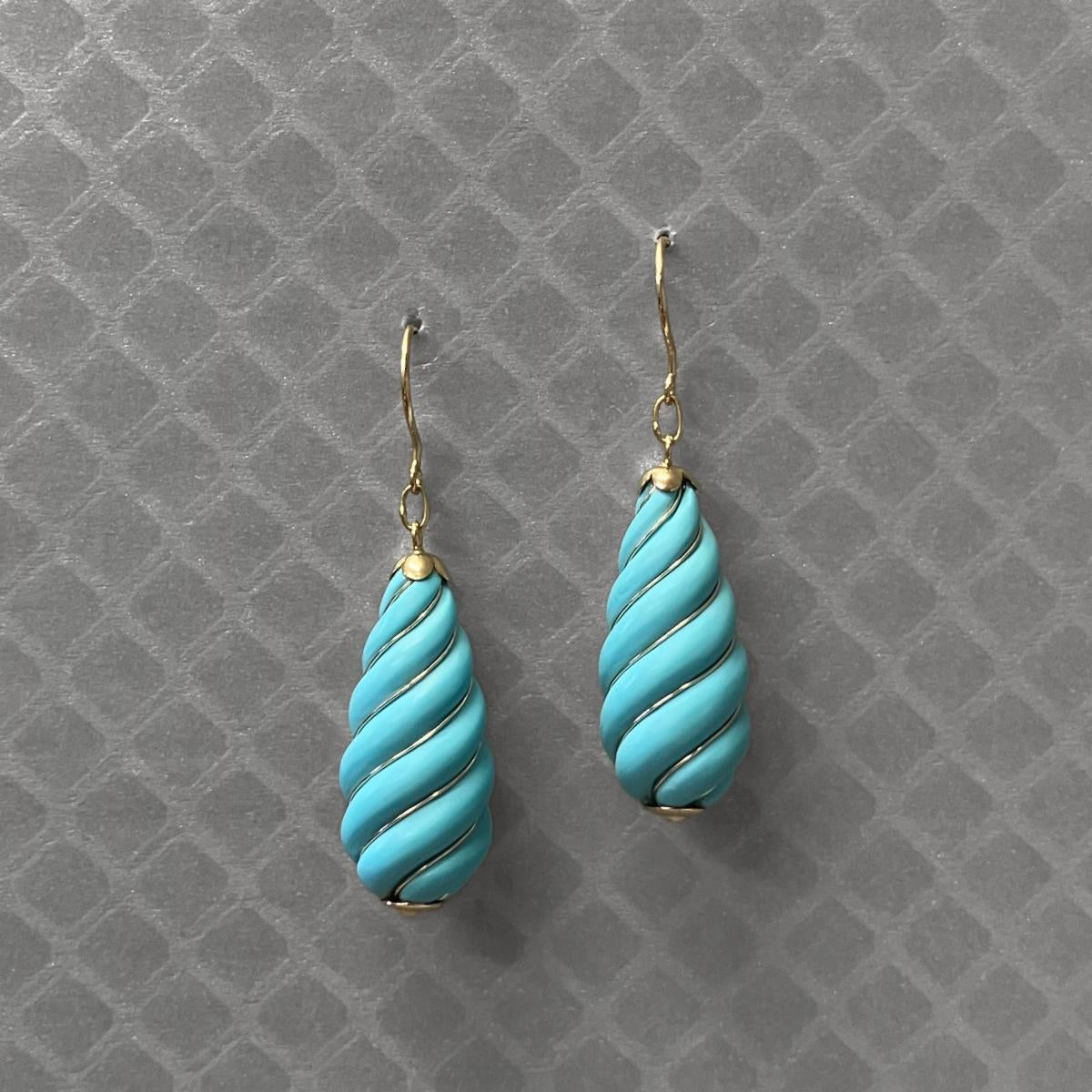 Preowned Yellow Gold and Imitation Turquoise Ribbed Dangle Earrings