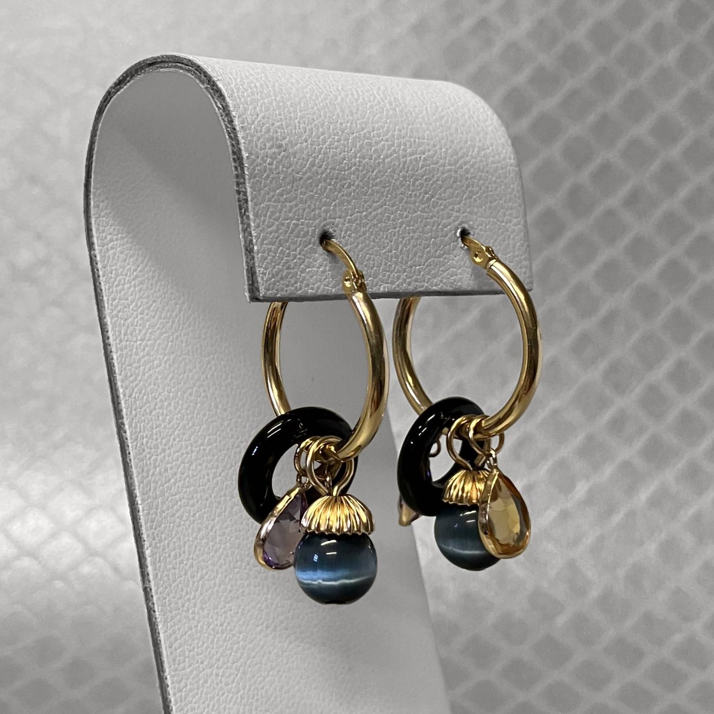 Preowned Yellow Gold Onyx, Tigers Eye, Citrine and Amethyst Interchangeable Hoop Earrings