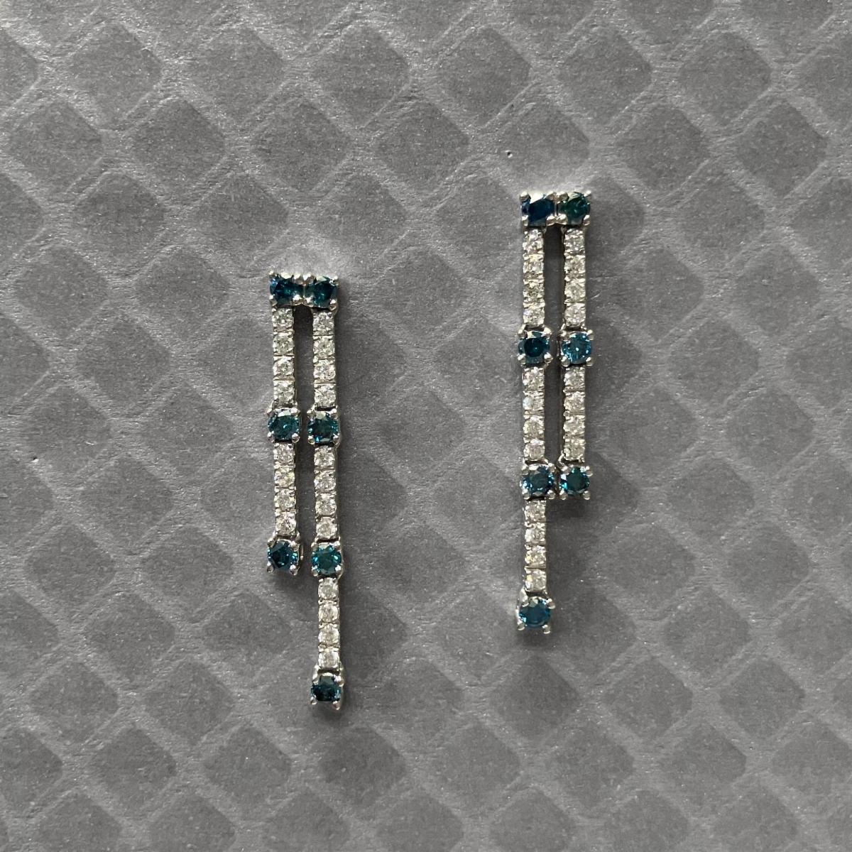 Preowned White Gold White and Irradiated Blue Diamond Dangle Earrings
