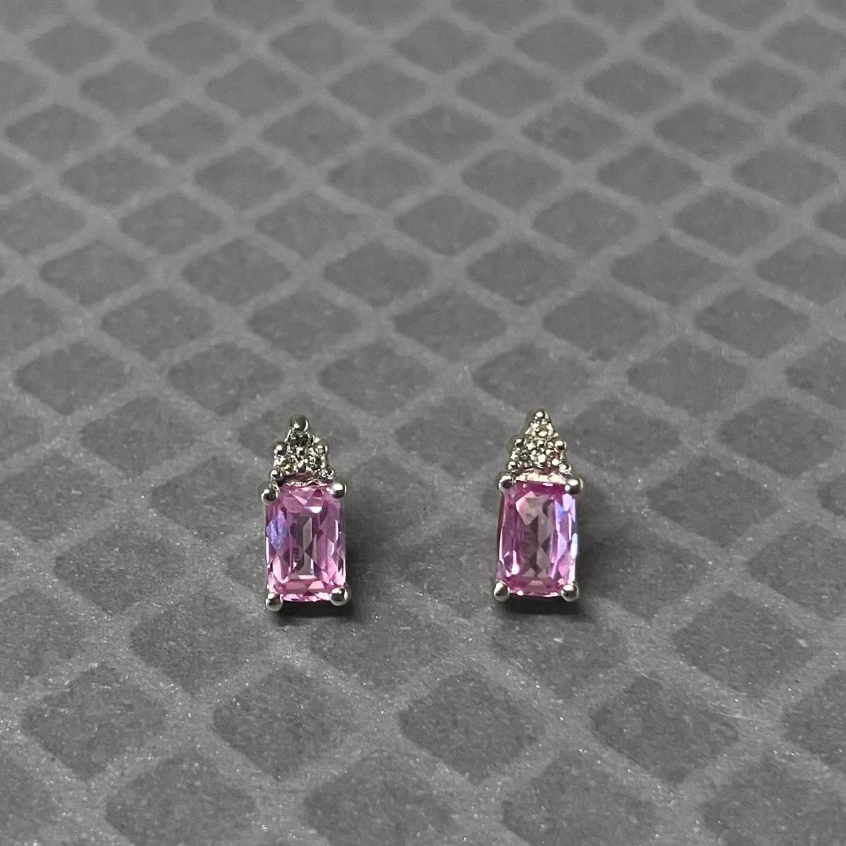 Preowned White Gold Synthetic Pink Sapphire and Diamond Stud Earrings