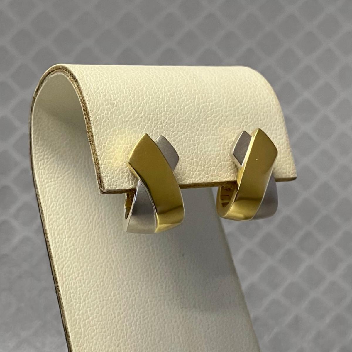 Preowned Yellow and White Gold Textured Crossover Huggie Earrings