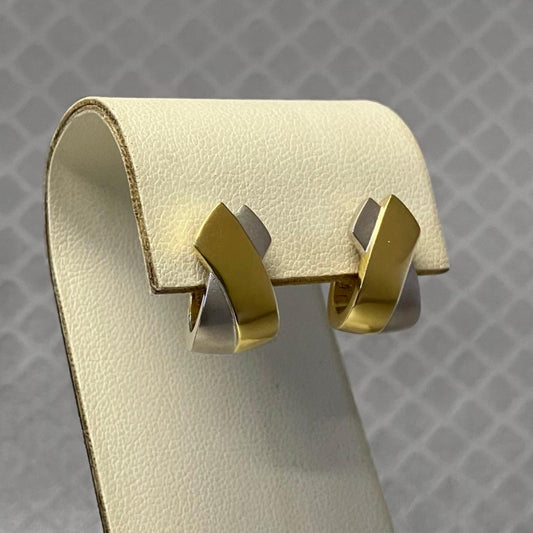 Preowned Yellow and White Gold Textured Crossover Huggie Earrings