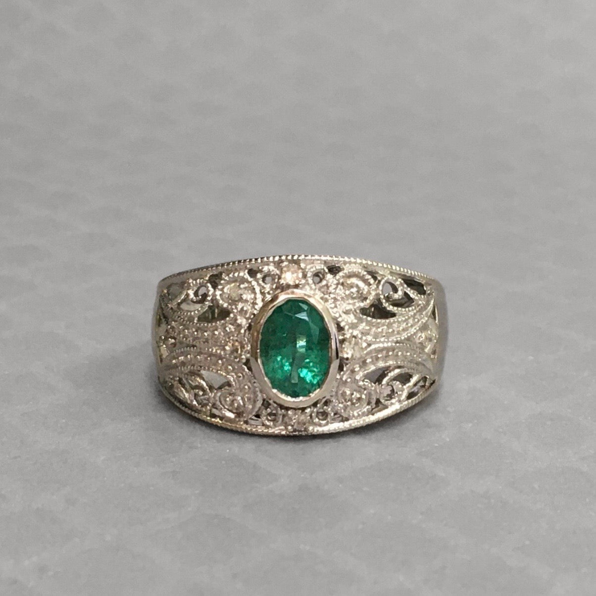 Preowned White Gold Oval Emerald and Diamond Filigree Ring