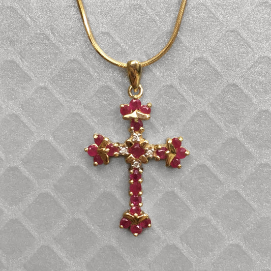 Preowned Yellow Gold Ruby and Diamond Cross Pendant