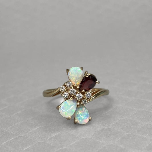 Preowned Yellow Gold Opal, Garnet and Diamond Cluster Ring