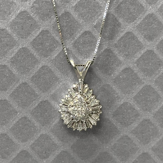 Preowned White Gold Round and Baguette Diamond Cluster Pendant