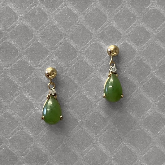 Preowned Yellow Gold Nephrite Jade and Diamond Dangle Earrings