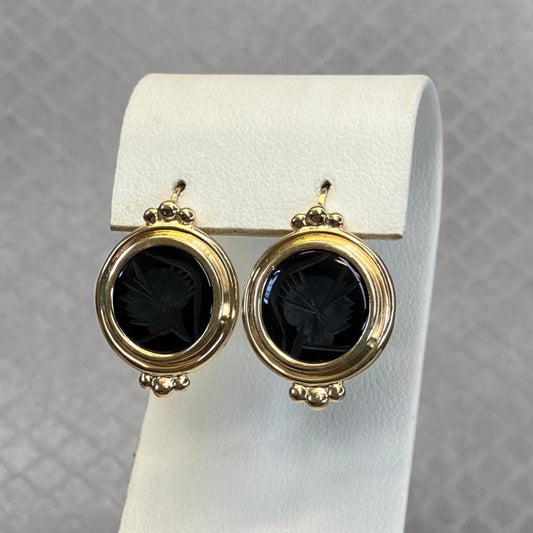 Preowned Yellow Gold and Onyx Intaglio Leverback Earrings