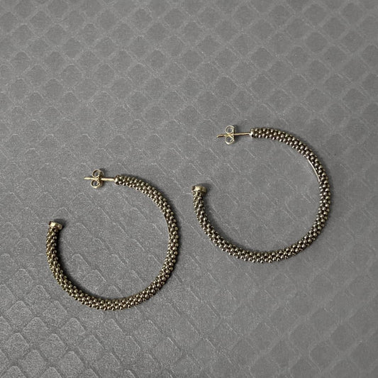Preowned Sterling Silver and Yellow Gold Beaded Lagos Caviar Hoop Earrings