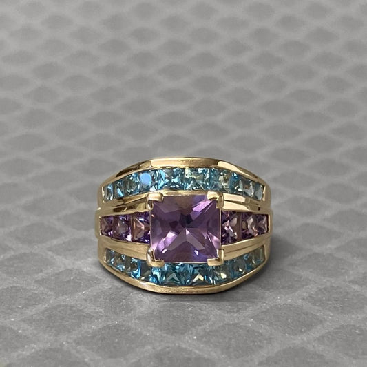 Preowned Yellow Gold Princess Cut Amethyst and Blue Topaz Ring