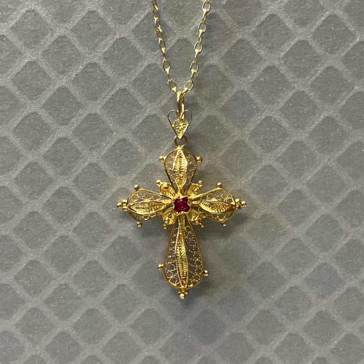 Preowned Yellow Gold and Simulated Pink Gemstone Filigree Cross Pendant
