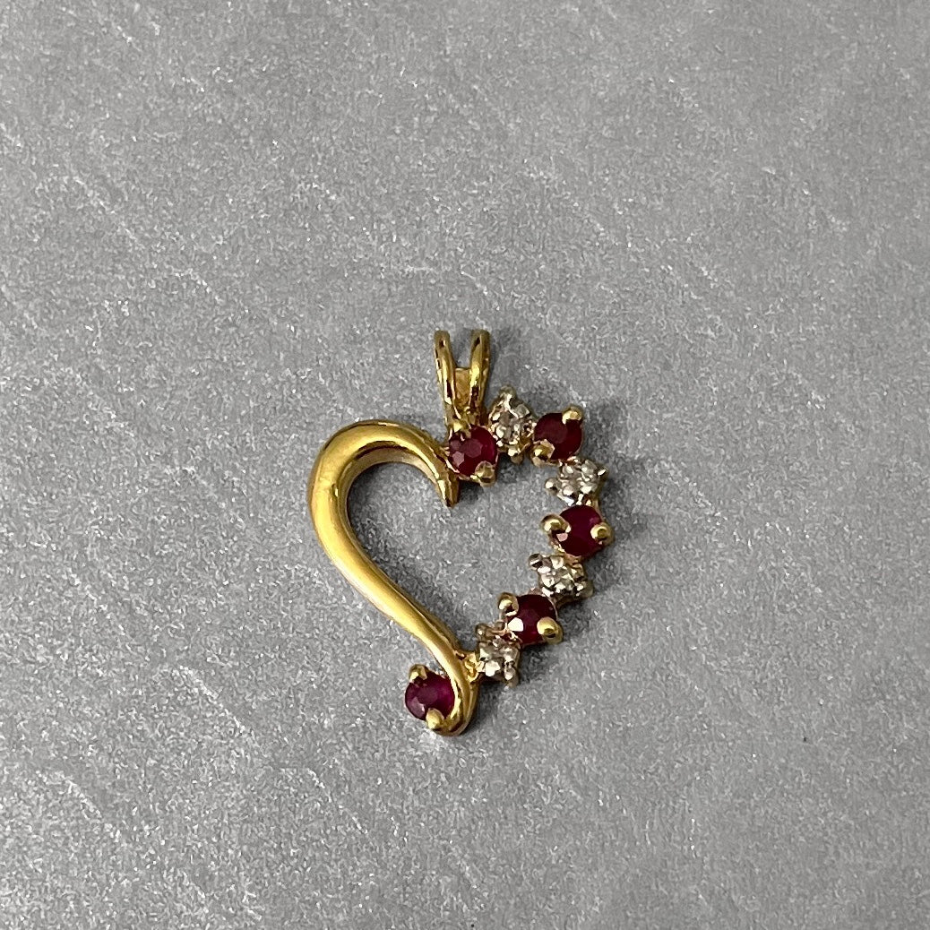 Preowned Yellow Gold Ruby and Diamond Heart Swirl Pendant