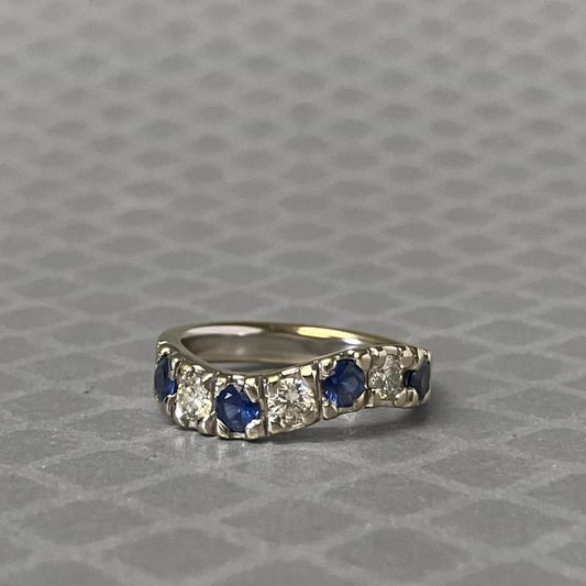 Preowned White Gold Blue Sapphire and Diamond Curve Ring