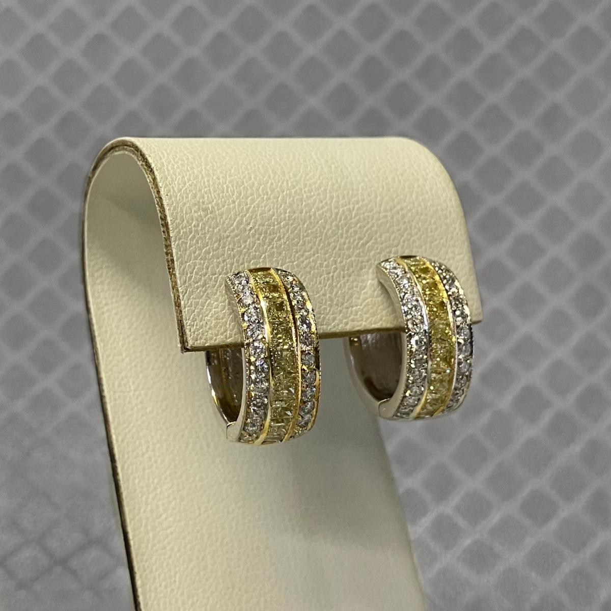 Preowned Yellow and White Gold Yellow and White Diamond Huggie Earrings