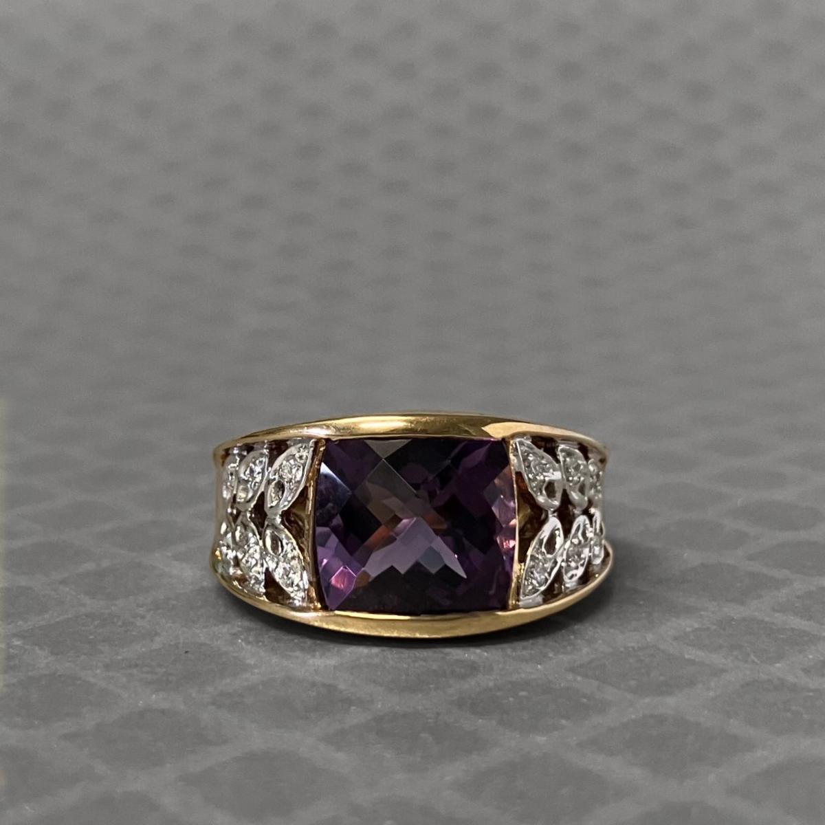 Preowned Yellow Gold Checkerboard Purple Garnet and Diamond Ring
