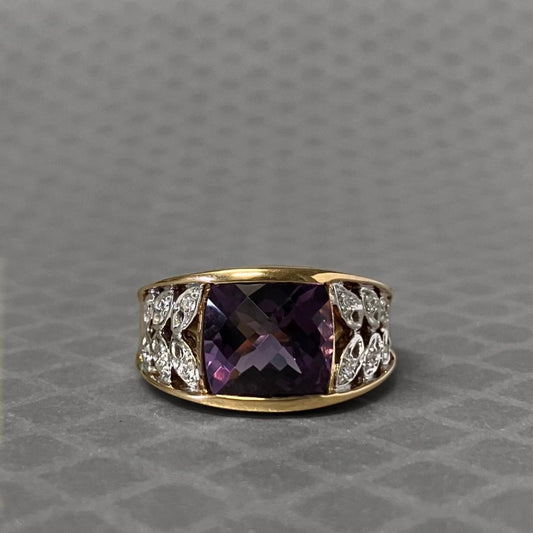 Preowned Yellow Gold Checkerboard Purple Garnet and Diamond Ring