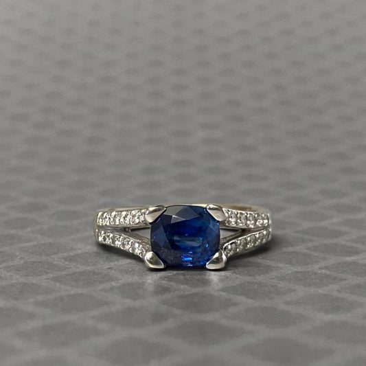 Preowned White Gold Cushion Blue Sapphire and Diamond Ring