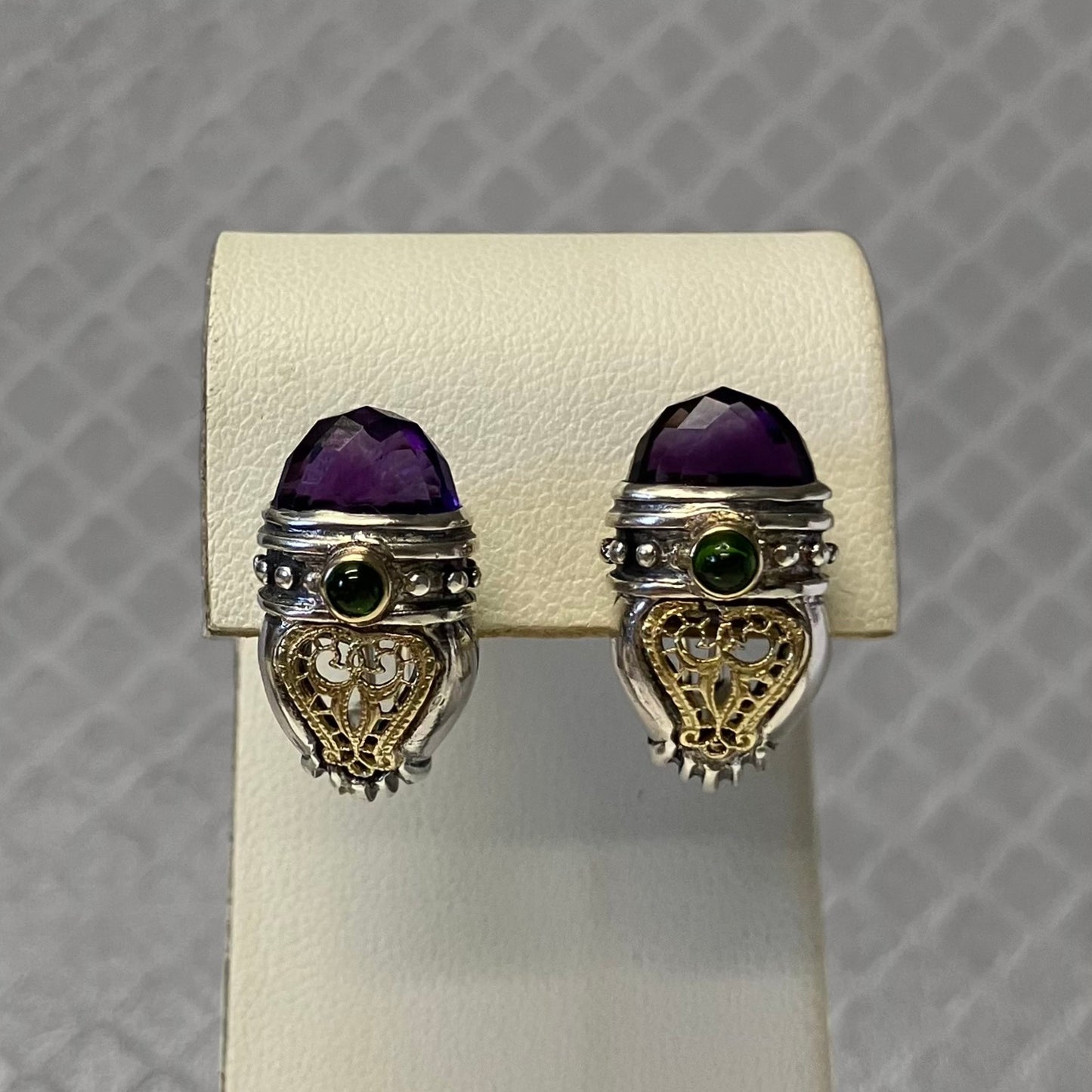 Preowned Sterling Silver and Yellow Gold Amethyst and Green Tourmaline William Schraft Earrings