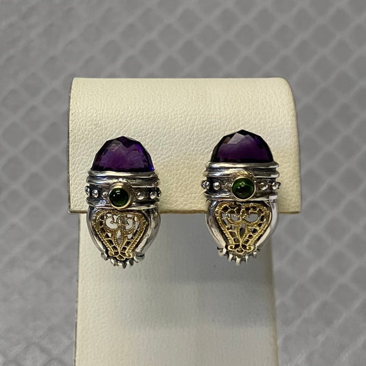 Preowned Sterling Silver and Yellow Gold Amethyst and Green Tourmaline William Schraft Earrings