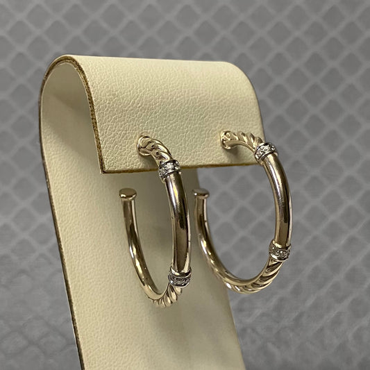Preowned Sterling Silver and White Gold Diamond David Yurman Metro Hoop Earrings