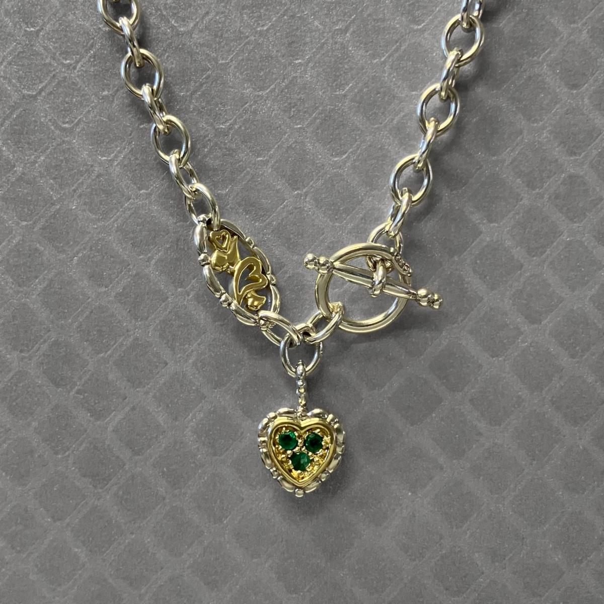Preowned Sterling Silver and Yellow Gold Emerald Heart Toggle Necklace