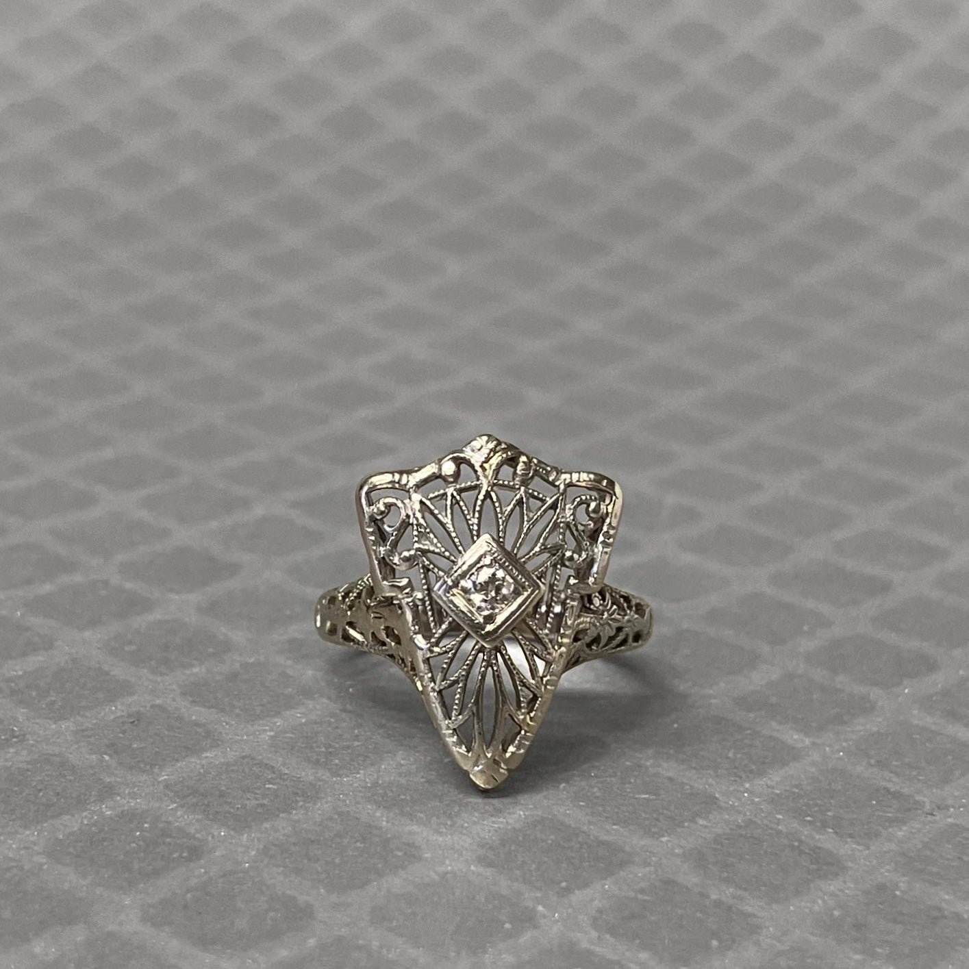 Preowned White Gold and Diamond Filigree Shield Ring