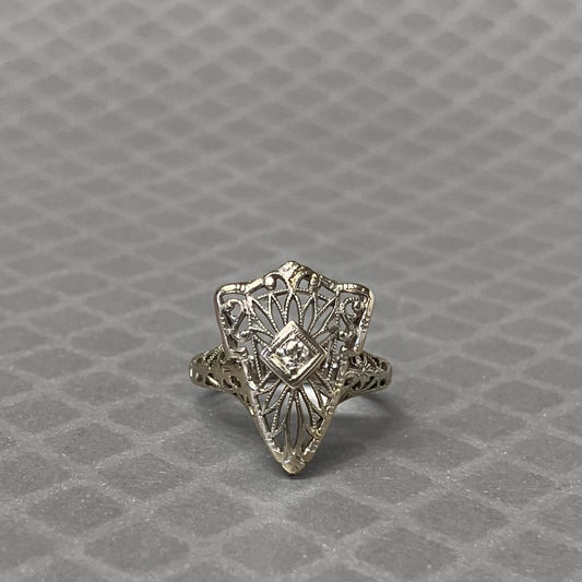 Preowned White Gold and Diamond Filigree Shield Ring