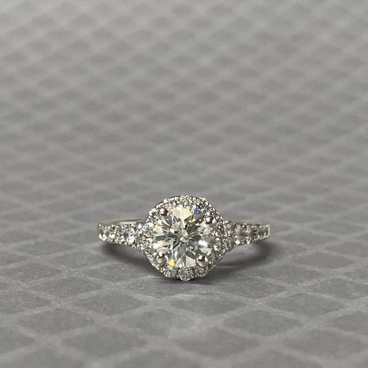Preowned White Gold and Round Brilliant Cut Diamond Halo Engagement Ring