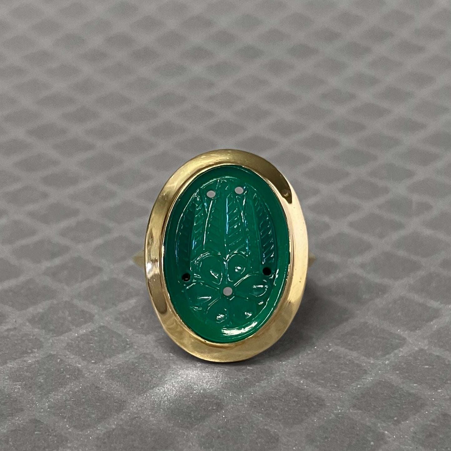 Preowned Yellow Gold and Green Chalcedony Carved Floral Ring