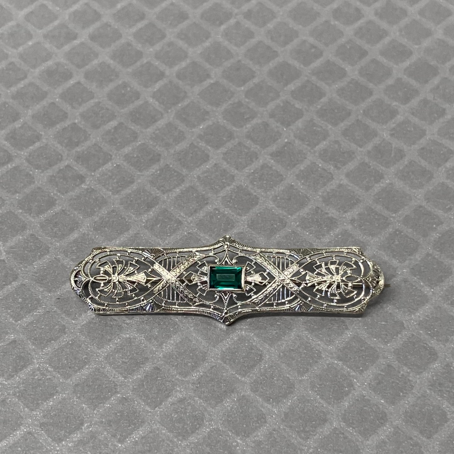 Preowned White Gold and Green Glass Filigree Brooch